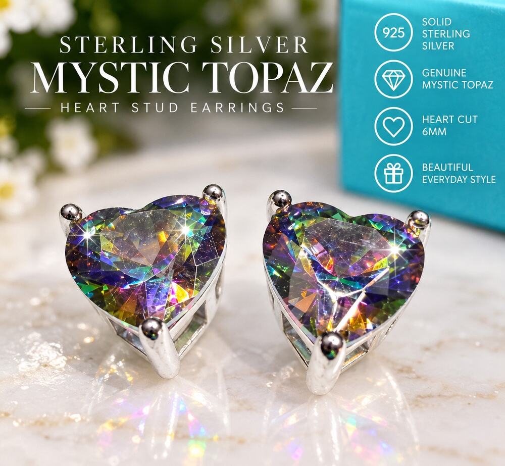 NWT Mystic Topaz Heart Stud Earrings 1.60 CTTW 6mm Sterling Silver Gemstone
